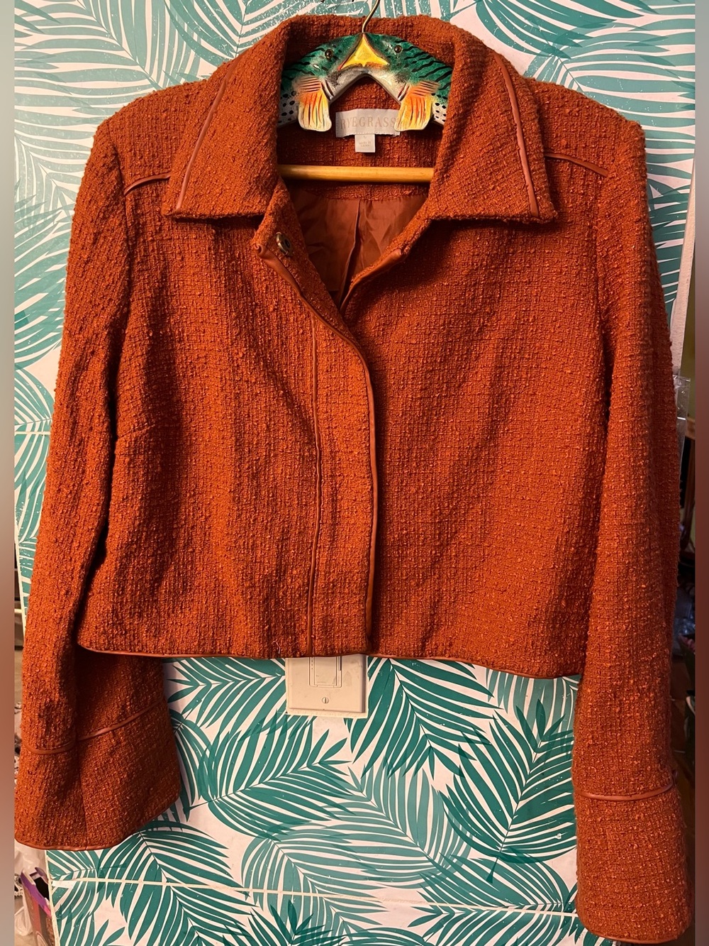 Rye Grass Cropped Textured Tweed Jacket - Rust Orange Sz L faux leather trim